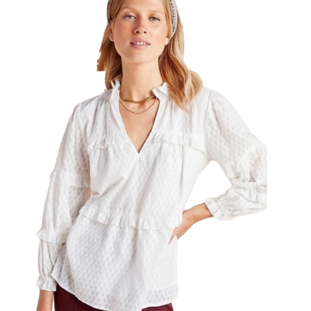 Anthropologie Angela Ruffled Peasant Blouse top white dot pattern